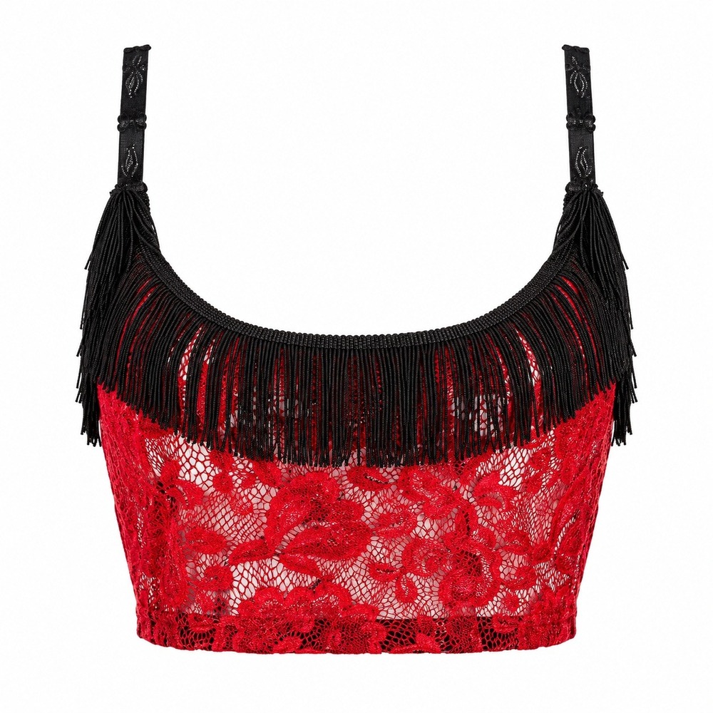 Switchblade Stiletto Red Black Lace Fringe Bralette Gothic Burlesque Top L